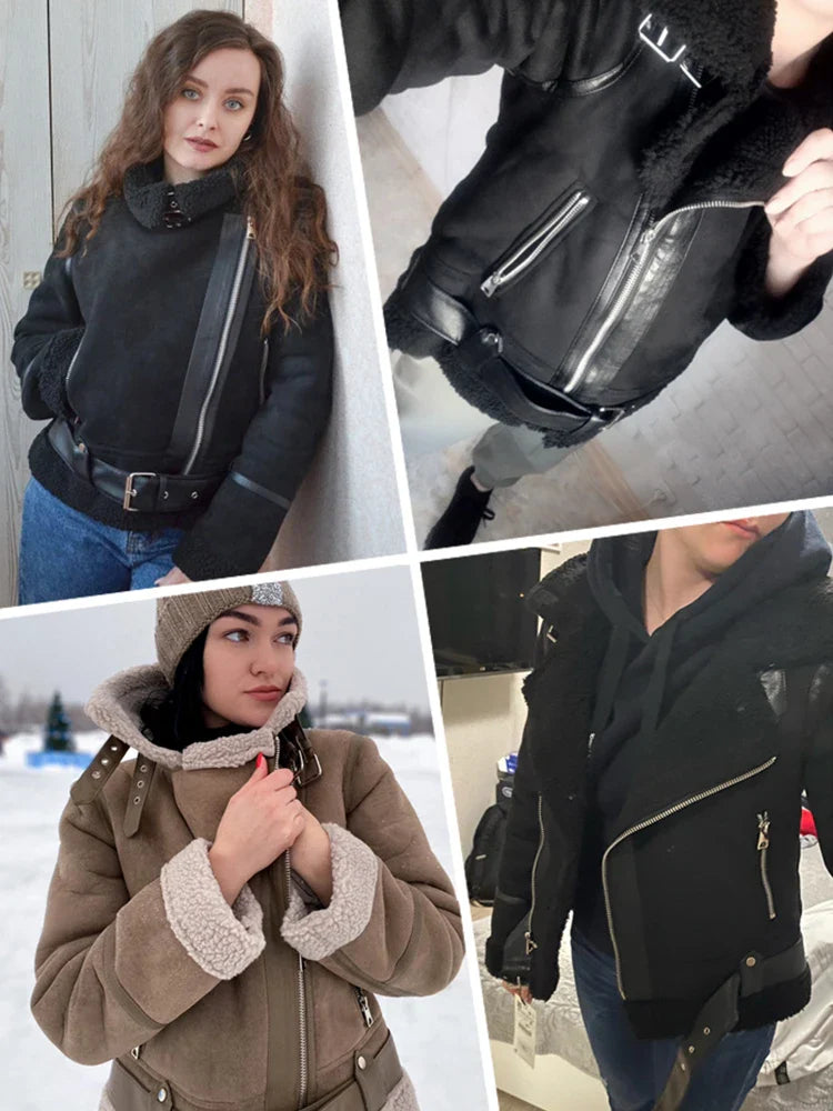 Veste en cuir et laine d'agneau pour femme - Hermes Giordi